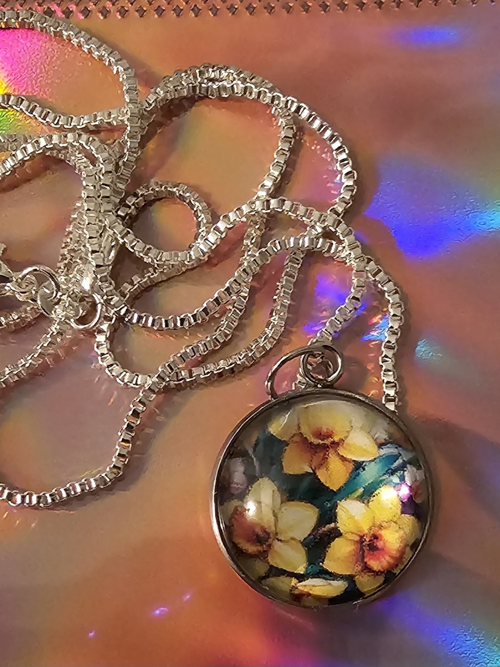 Yellow Floral Glass Pendant Necklace with Silver Chain